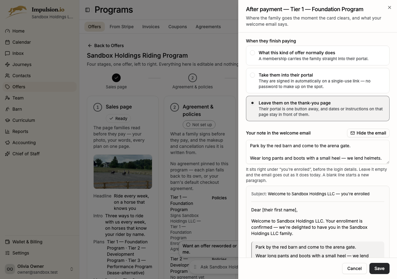 After-payment drawer with the live email preview